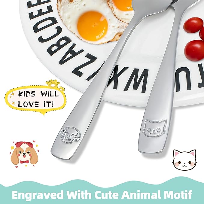 LOCONHA Stainless Steel Toddler Utensils Set - 14 Pcs Kids Silverware, Safe Food Grade, Mirror Polished, Dishwasher Safe, Perfect for Little Hands, Trendy & Durable. ﻿