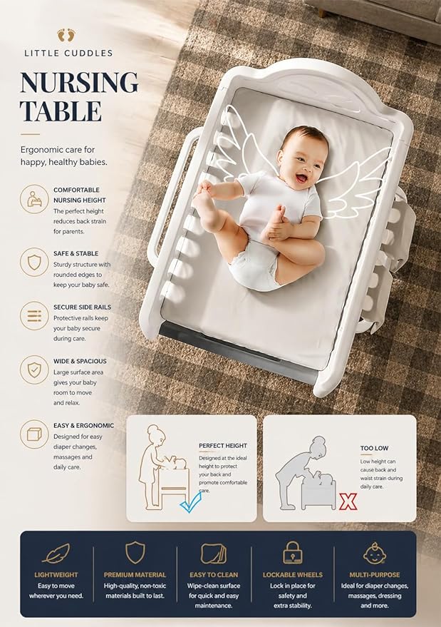 Heavy-Duty Baby Changing Table with Storage & Adjustable Height – Waterproof HDPE Diaper Changing Station for Nursery & Daycare, Removable Care Basin