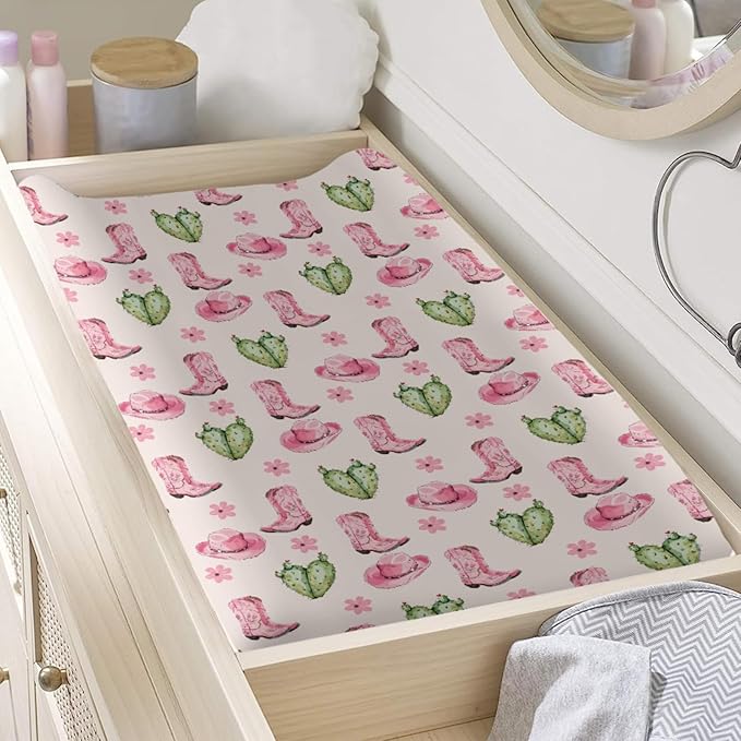 Western Cactus Flowers Floral Pattern Baby Changing Pad Cover, Unisex Western Nursery Diaper Changing Table Pad Mat Sheet for Boys Girls-16x32