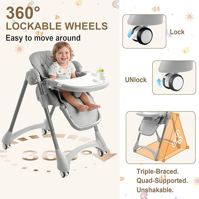 High Chairs for Babies and Toddlers, Foldable Baby High Chair with Removable Tray, Adjustable Backrest and Height, 6 in 1 High Chair with Lockable Wheels for Eating, Include 2 Bibs, Tool-Free Assembly