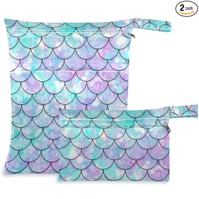 visesunny Beautiful Rainbow Mermaid Scale 2Pcs Wet Bag with Zippered Pockets Washable Reusable Roomy for Travel,Beach,Pool,Daycare,Stroller,Diapers,Dirty Gym Clothes, Wet Swimsuits, Toiletries