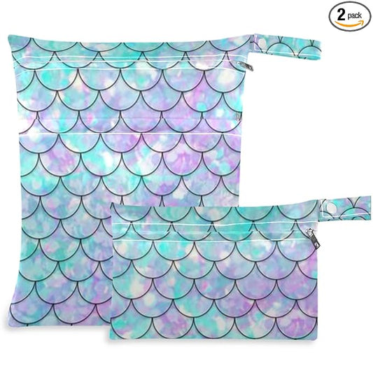 visesunny Beautiful Rainbow Mermaid Scale 2Pcs Wet Bag with Zippered Pockets Washable Reusable Roomy for Travel,Beach,Pool,Daycare,Stroller,Diapers,Dirty Gym Clothes, Wet Swimsuits, Toiletries
