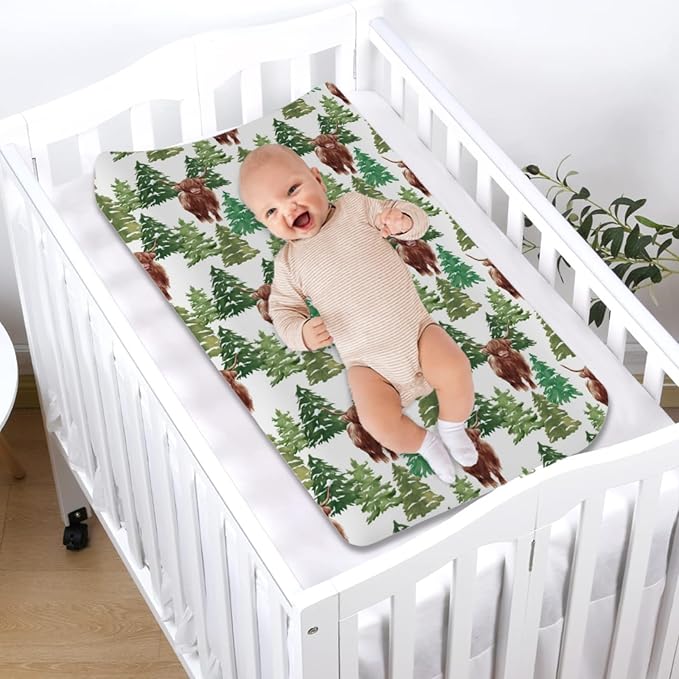 Highland Cows Christmas Pine Trees Changing Pad Cover Yak Winter Forest Diaper Changing Pad Cover Sheets for Boys Girls Soft Stretch Fitted Diaper Change Table Mats Covers 32''x16''