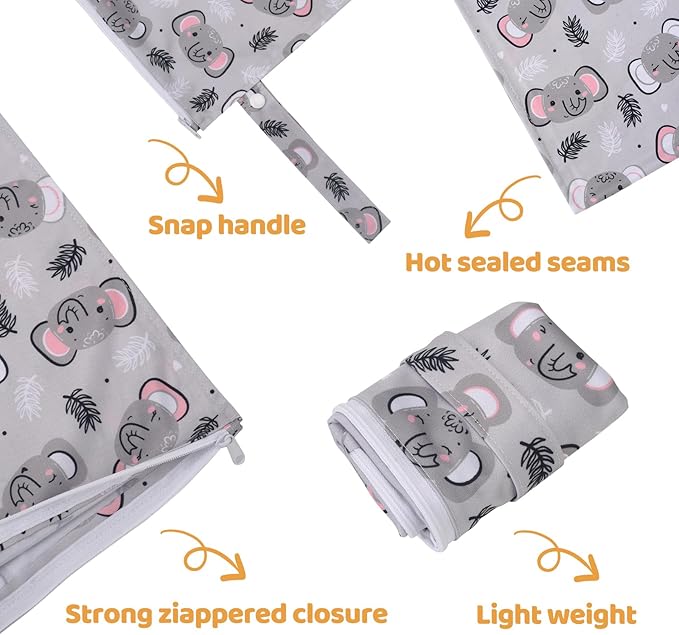 2pcs Baby Diaper Mess-proof Wet Bags,Waterproof Reusable Travel Storage Stroller Daycare Soiled Items Beach Pool Yoga Gym Bag for Wet Toddler Swimsuits -Bee,Elephant