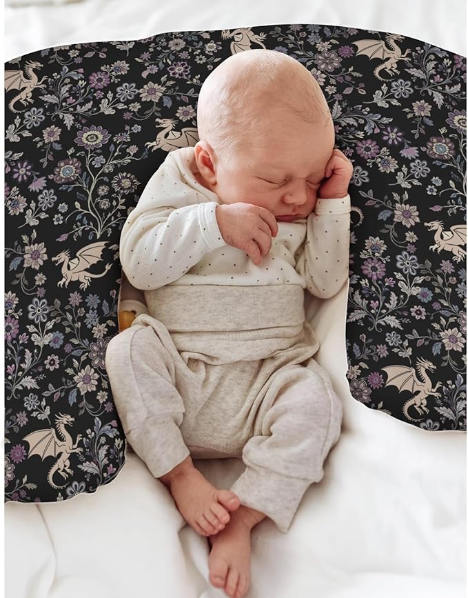 Fantasy Floral Dragons Baby Nursing Pillow Covers for Boy Girl Fairytale Dragon Gothic Black Purple Flowers Nursing Slipcovers for Breastfeeding Pillows Animal Soft Stretchy Cover for Newborn Infant