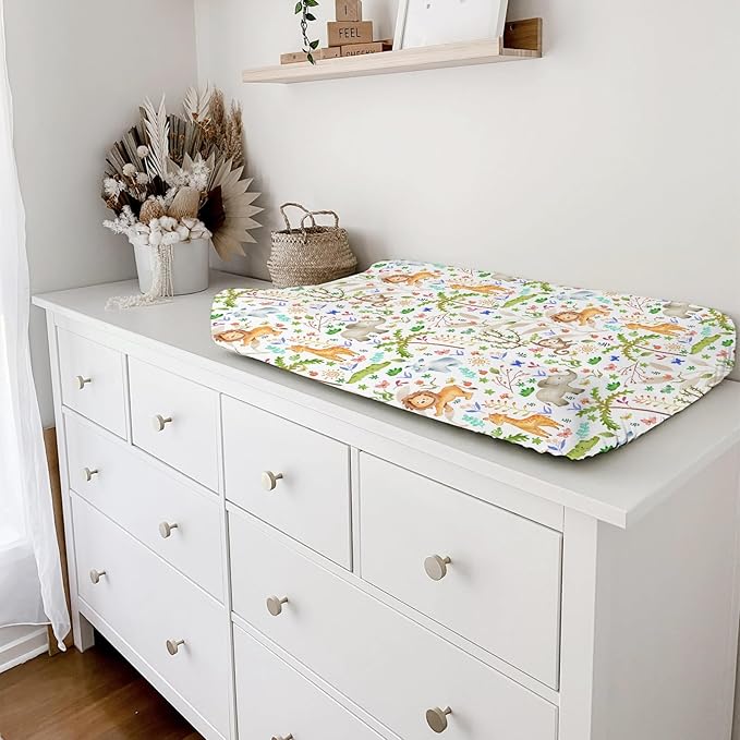 Safari Jungle Animals Trees Changing Pad Covers Lions Elephant Giraffe Monkey Hippo Sun Leaves Baby Diaper Change Table Sheets for Boy Girl Soft Breathable Stretch Fitted Changing Table Mats 32''x16''