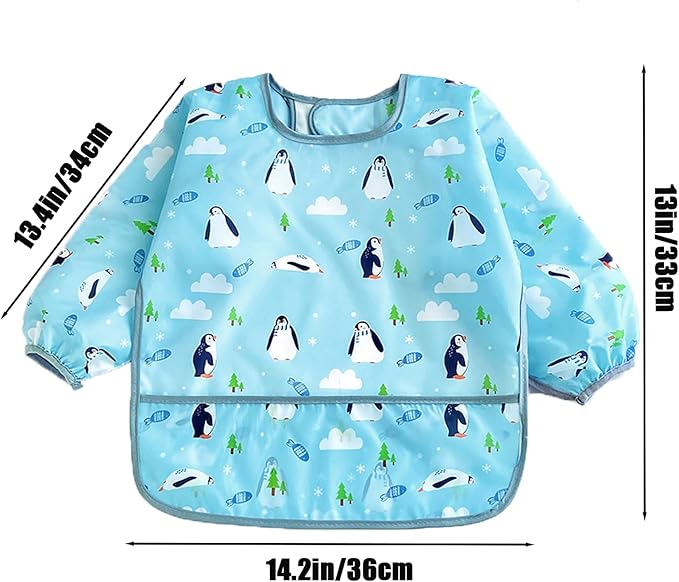 PandaEar 3 Pack Waterproof Long Sleeve Baby Bibs for Eating & Messy Play, Toddler Smock with Food Catcher Pocket, Lightweight Reusable Feeding Apron for Infant 6-36 Months (Bears, Penguins, Dinosaurs)