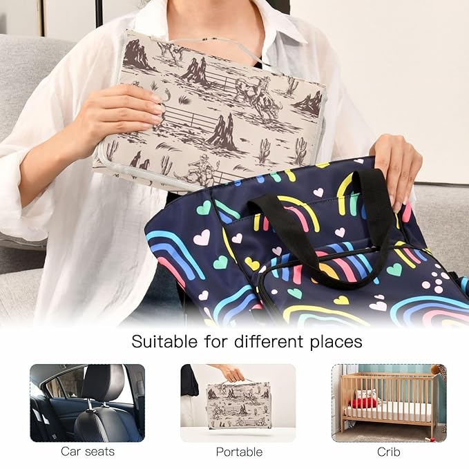 Western Portable Diaper Changing Pad with Wipes Holder, American Cowboy Foldable Baby Diaper Changer Travel Bag Cute Baby Changing Mat with Built-in Pillow for Newborn