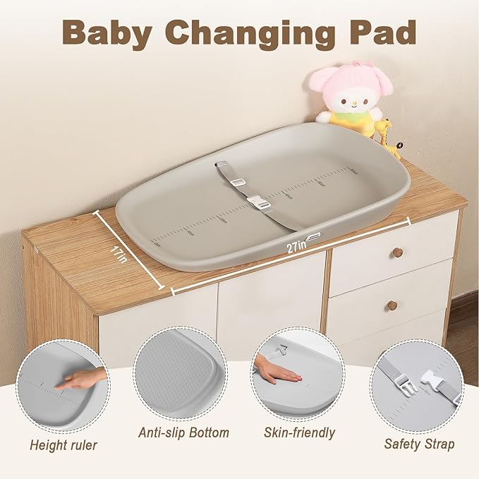 Babylush Wipeable Changing Pad for Dresser,Easy to Clean and Non-slip Waterproof Changing Pad with Adjustable Safety Strap,Comfortable EVA Foam,27x17 Inch（Grey）