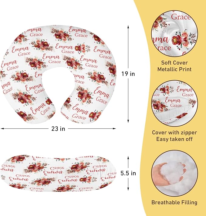 Customizable Flowers Baby Nursing Pillow Cover - Add Your Baby's Name, Ultra-Soft Stretch Fabric, Fits Standard Nursing Pillows, Ideal for Baby Showers Style 17