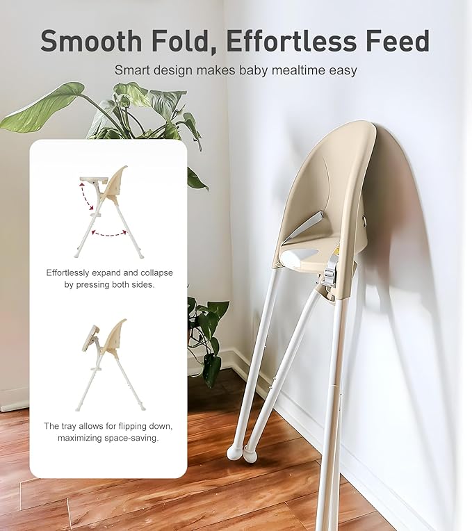 Mallify Foldable High Chair, Space-Saving Portable Baby High Chair with Removable Double Tray, Modern Convertible Baby Feeding Chair, Lightweight, Easy to Clean, Beige