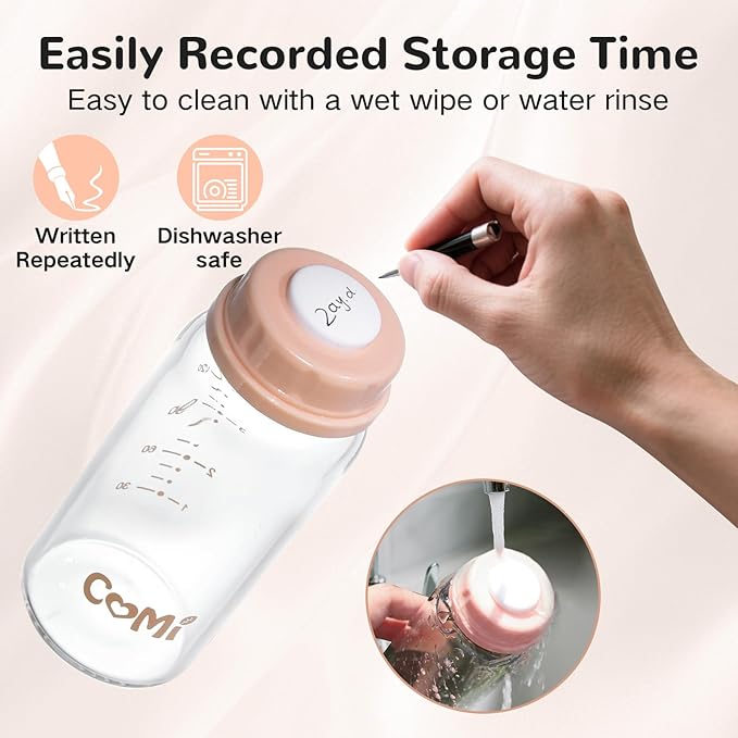 COMI Natural Glass Baby Bottle,Standard Neck Breastmilk Storage Bottle for Fridge,Breast Milk Container,Breast Pump Bottle Compatible with Medela Breast Pump,BPA Free,2PCS (5oz,2 Pink Lids)
