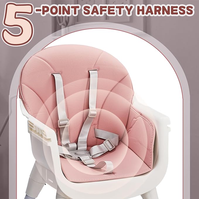 Ktaxon 3-in-1 Baby High Chair, Portable Adjustable Height Highchair with Removable Dual-Layer Tray, 5-Point Safety Harness and Footrest for Toddlers & Babies, Pink