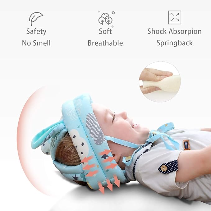 Cute Baby Safety Anti-Bump Walking Helmet, Infant Toddler Anti-Collision Head Cushion Soft Breathable, Kids Anti-Fall Protective Harnesses Cap for Crawling, Walking and Playing (Blue Clouds)