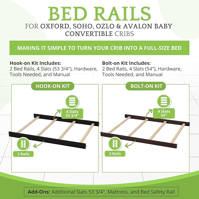 Full-Size Conversion Kit Bed Rails for Oxford, Soho, Ozlo & Avalon Baby Convertible Cribs - Solid Wood - Toddler and Adult Rail for Full-Size Bed - Nursery and Baby Furniture (Espresso, Hook-On Kit)