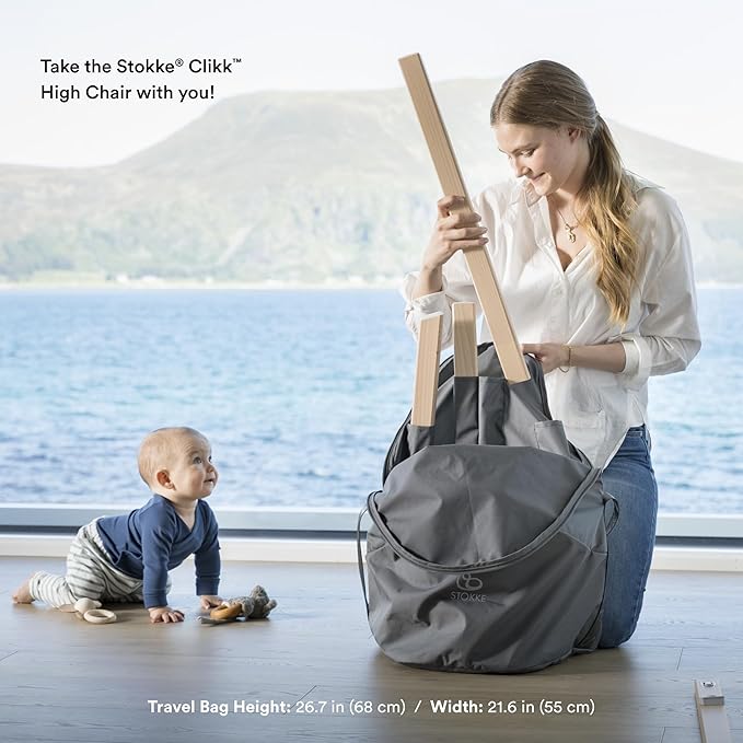 Stokke Clikk High Chair (Black/Natural) with Clikk Cushion (Nordic Grey) + Travel Bag - Includes Tray & Harness - Light, Durable & Travel Friendly - Best for 6-36 Months or Up to 33 lbs