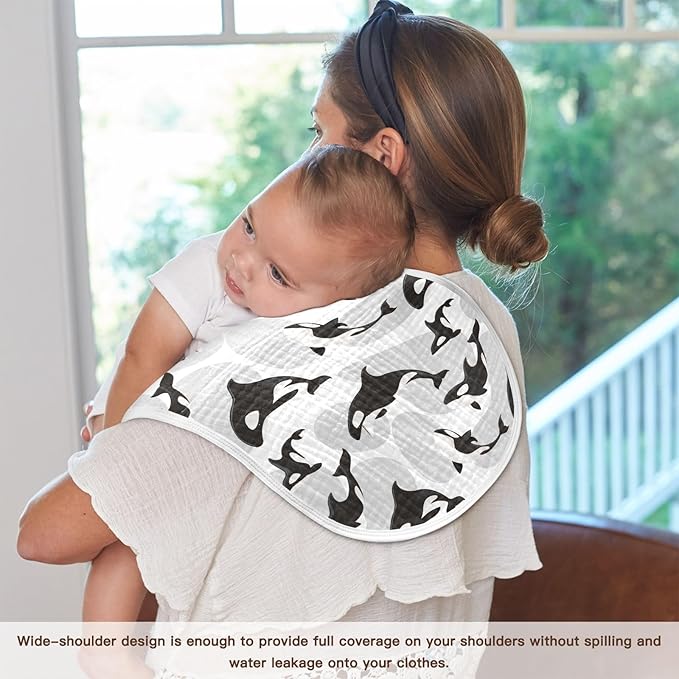 Muslin Burp Cloths for Baby Boys and Girls - 4-Pack Ultra Absorbent Killer Whale Orca Muslin Washcloths, Newborn Towel, Milk Spit Up Rags, Burp Cloth Bib for Unisex, 22 x 11 Inch
