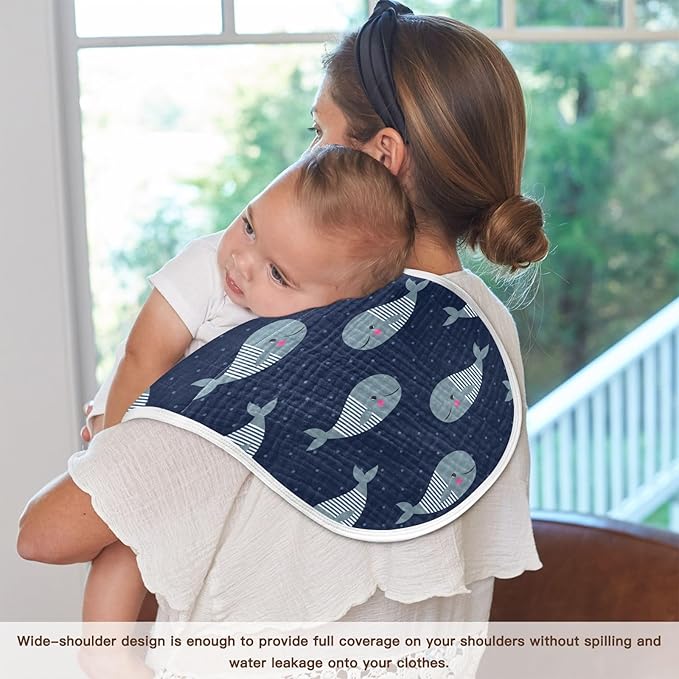 Cute Whale Blue Polka Dot Muslin Burp Cloths for Baby 4 Pack Soft 100% Cotton Baby Washcloths Bibs for Boy Girl