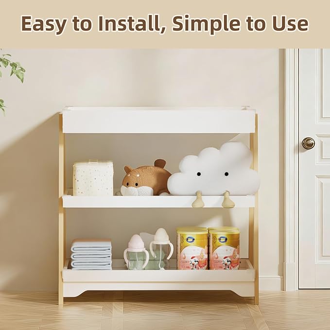 KORIMEFA Baby Changing Table with Two Open Shelves for Infant Daycare Essentials Storage - White with Natural Wood Legs
