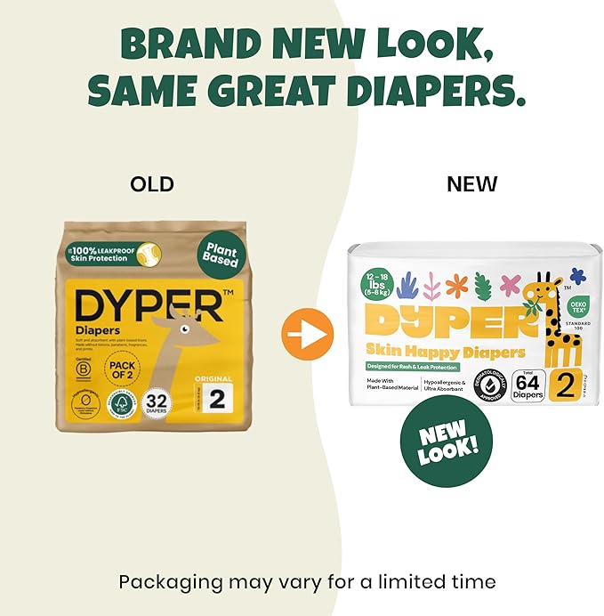 DYPER - Pack of 2 Baby Diapers Size 2 (64 Count) - Leak Proof, Plant Based, Hypoallergenic & Ultra Absorbent Disposable Diaper for Day & Overnight, Skin-Friendly Comfort Size 2 Diapers (12-18 lbs)