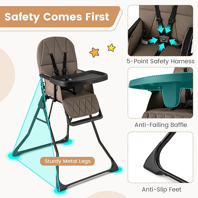 HONEY JOY High Chair, Foldable Baby Feeding Chair, Adjustable Tray & Footrest, Removable Easy-to-Clean PU Seat Cushion, 5-Point Harness, Cup Holder, Highchairs for Babies and Toddlers (Coffee)