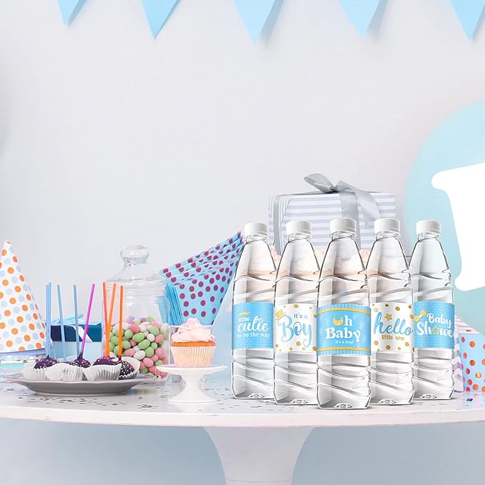 Teling 80 Pieces Baby Shower Water Bottle Labels Waterproof Water Bottle Stickers Wrappers Labels for Baby Shower Party Decoration(Blue Boy Style)