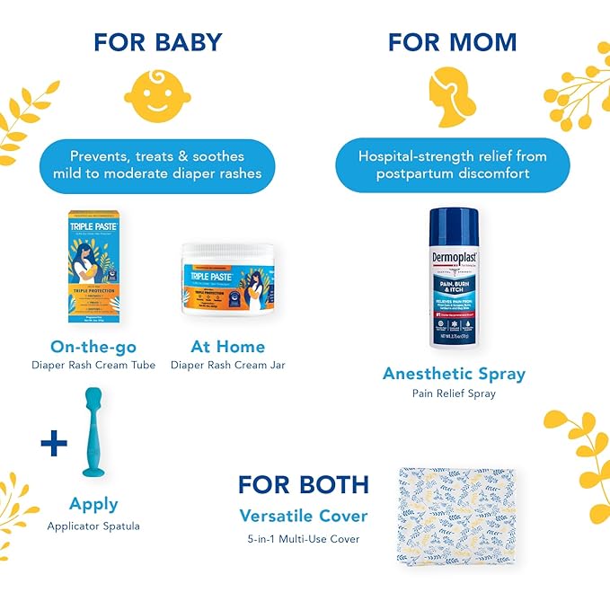 Triple Paste Mom & Baby Gift Set, New Baby Essentials Kit, 5-Piece—Diaper Rash Ointment 8oz Jar & 2oz Tube, Spatula Applicator, Dermoplast Spray, Multi-Use Cover, Mom Postpartum Essentials