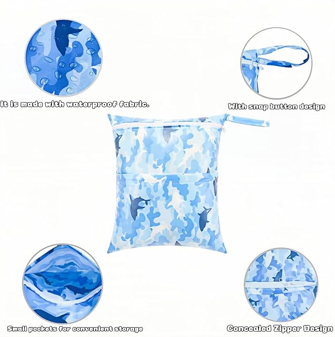2-Pack Baby Wet Dry Bags Waterproof Reusable Diaper Bags with Two Zippered Pockets Travel Beach Pool Gym and Yoga Bag for Cloth Diapers Wet Clothes Swimsuits and Breast Pump Parts (Dolphin Small)