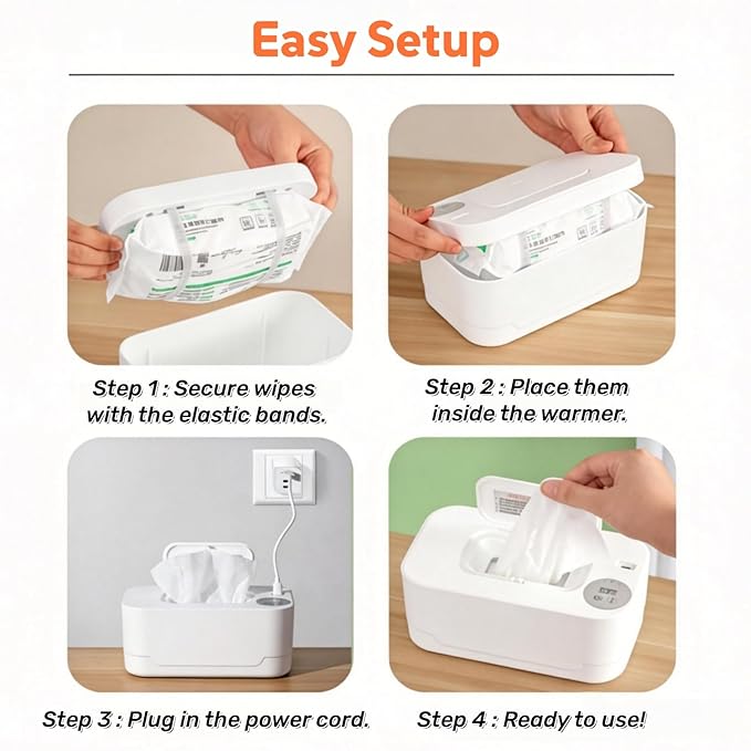 Portable Baby Wipes Warmer, Thermostat Diaper Wipe Warmer 55℃ - 65℃ Adjustable, Baby Wet Wipes Dispenser and Diaper Wipe Warmer with Night Light, Moisturizing and Heat Preservation, USB (White)