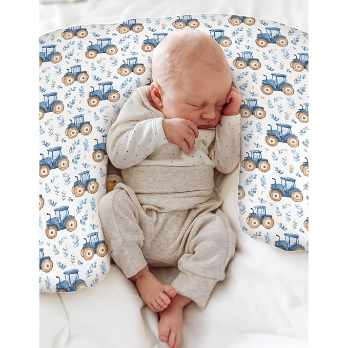 Watercolor Blue Tractors Baby Nursing Pillow Covers for Boy Girl Farm Tractors Boho Leaves Nursery Feeding Pillowcase for Breastfeeding Pillows Farm Life Soft Stretchy Slipcovers for Newborn Infant