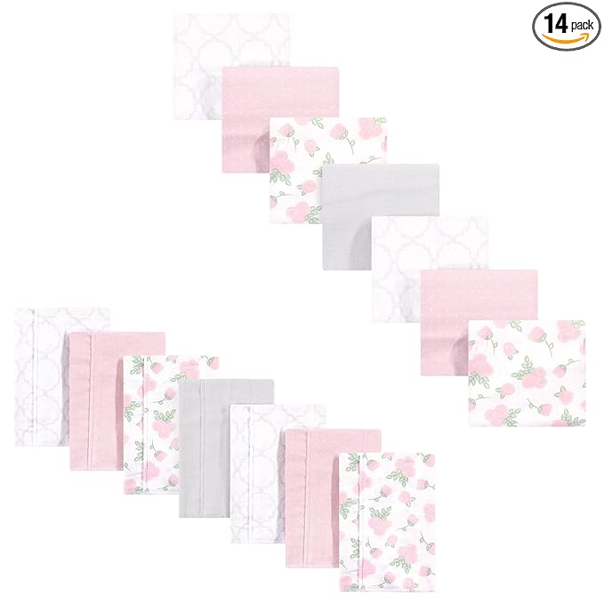 Hudson Baby Unisex Baby Cotton Flannel Burp Cloths and Receiving Blankets, 14-Piece, Pink Rose, One Size