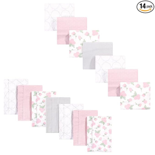 Hudson Baby Unisex Baby Cotton Flannel Burp Cloths and Receiving Blankets, 14-Piece, Pink Rose, One Size