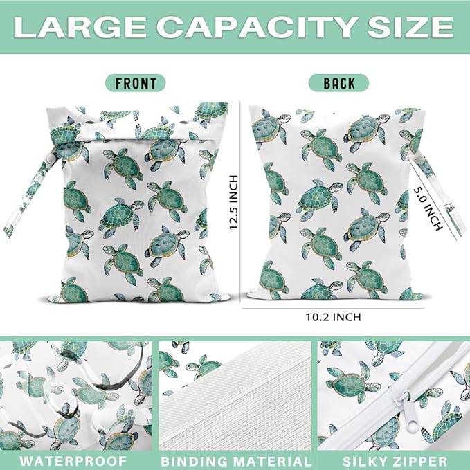 Turtle Wet Dry Bags for Diaper Waterproof Swimsuit Washable Reusable Bag for Beach Diapers Dirty Yoga Gym Clothes Plant Gifts for Friend Men Women 12.5x10.2 Inches