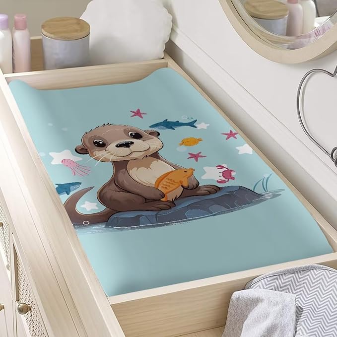 ZDCUSTOM Sea Otter Printing Changing Pad Cover Change Table Cover Sheets, Baby Changing Pad Covers, Changing Mat Cover Infant Newborn Changing Table Sheet