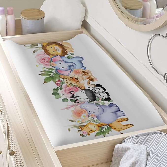 Changing Pad Covers Jungle Safari Animals Tropical Leaves Flowers Unisex Diaper Change Table Sheets for Boys Girls Ultra Soft Breathable Stretchy Snug Fitted Baby Diaper Changing Cover 32''x16''