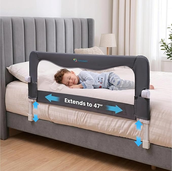 TotCraft MiniFlex Adjustable Length & Height Bed Rail for Toddlers – Fits Twin, Full & Queen Beds – 35.5″ or 47″ Two Fixed Lengths – 14 Height Levels – ASTM Certified Toddler Bed Rails for Kids (Grey)