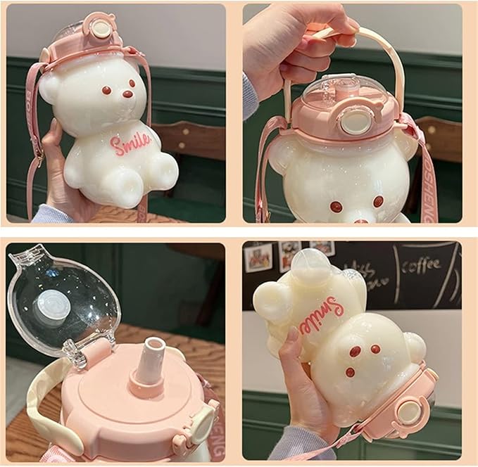 Kawaii Bear Straw Bottle, Cartoon Kids Water Bottle Bpa Free with Straw and Built in Carrying Loop, Adjustable & Removable Shoulder Strap, Made of Durable Plastic, Leak-Proof Design for Travel