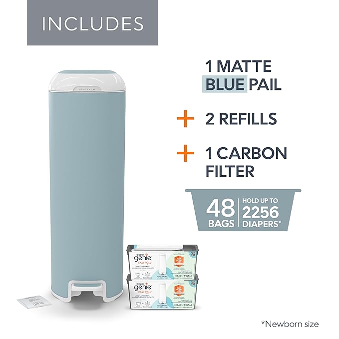 Platinum Diaper Pail Glacial Blue, Made of Durable Stainless Steel, Convenient Easy to Use Hands-Free Operation, Odor-Locking Pail, Includes 2 Easy Roll Refill with 18 and 30 Durable Bags