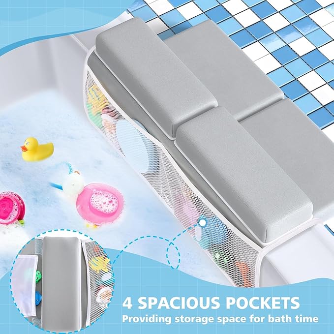 Tiikiy 1.5" Extra Thick Baby Bath Kneeler and Elbow Rest Set, Memory Foam Pad with 4 Organizer Pockets, Comfort Support for Bathing Baby & Pets - Gray Green