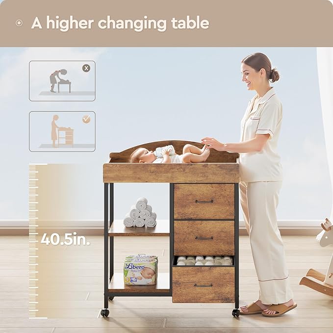 YeTom Changing Table Dresser, Baby Dresser with 3 Fabric Drawers and 2 Shelves, Multi-Functional Baby Changing Table with Pad, Classic Nursery Dresser, Diaper Changing Station, Rustic Brown