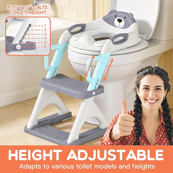 Potty Training Seat with Step Stool Ladder, Toddler Toilet Seat for Boys Girls, Adjustable 6 Heights Fits Round & Elongated Toilets, Anti-Slip Pads & Leak-Proof Guard