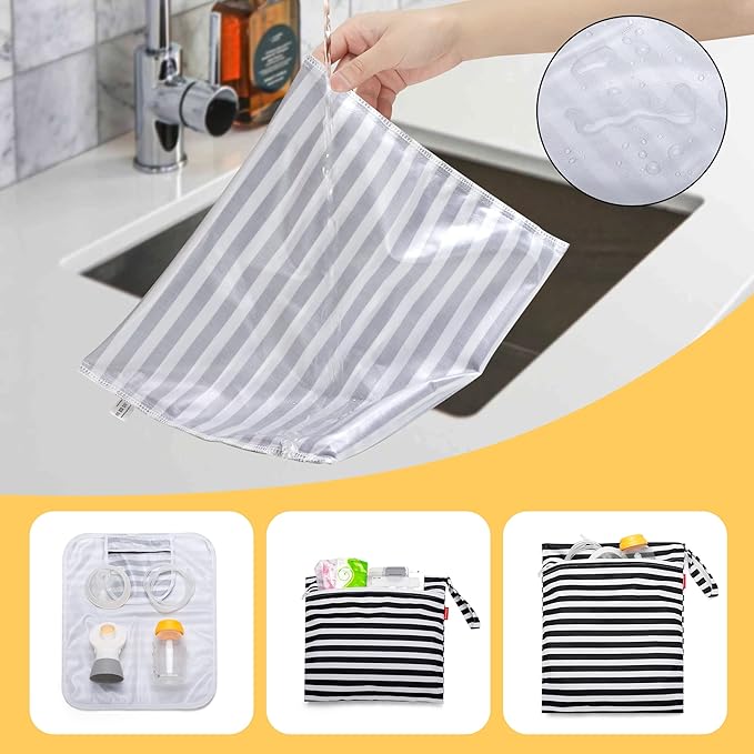 Damero Breast Pump Parts Bag, 2Pack Wet Bag for Breast Pump Parts Storage with Waterproof Mat, Black Strips
