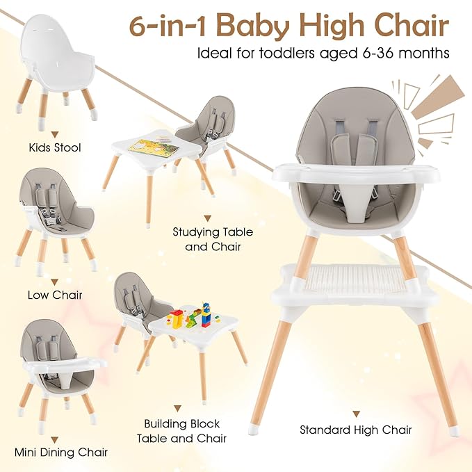 GLACER High Chair, 6-in-1 Convertible Wooden High Chairs for Babies and Toddlers w/Building Block Table, 5-Point Safety Harness, Removable Tray, PU Cushioned Baby High Chair for 6-36 Months (Grey)