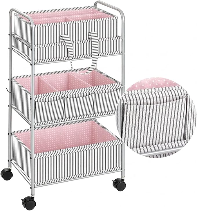 WILLBOND 2 in 1 Baby Diaper Caddy Organizer Cart, 3 Tier Large Stripe Bedside Rolling Cart Metal for Baby Essential with Divider for Newborn Registry Must Have Nursery Bedroom Mother Gift(Pink)