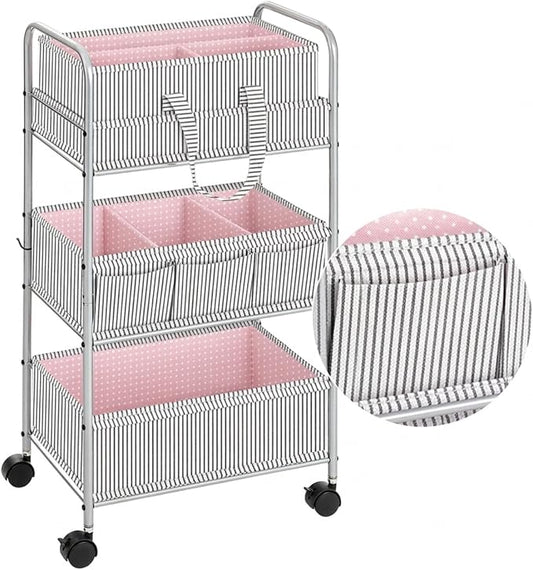 WILLBOND 2 in 1 Baby Diaper Caddy Organizer Cart, 3 Tier Large Stripe Bedside Rolling Cart Metal for Baby Essential with Divider for Newborn Registry Must Have Nursery Bedroom Mother Gift(Pink)