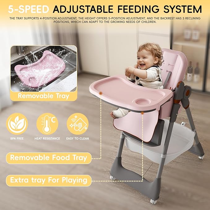 Foldable High Chair for Toddlers with Removable Double Tray & Storage Basket, 5 Height Levels Baby Eating Chair,3 Recline & Footrest Positions, Lockable Wheels,Easy Clean Feeding Chair (Pink)