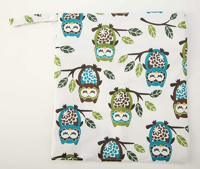 2 Wet Bags Reusable Diaper Nappy Waterproof With Two Zippered Pockets (Owl and Foliage)