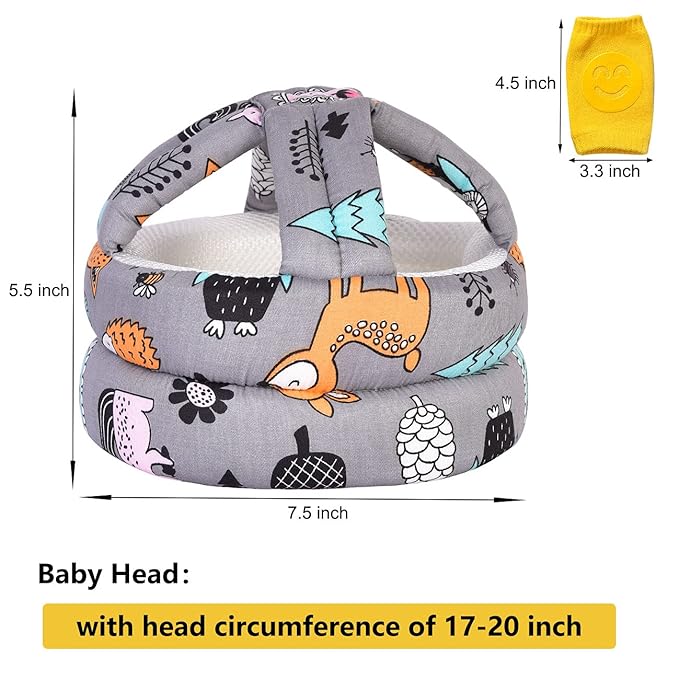 Baby Adjustable Helmet, Lightweight and Soft, with 3 Pairs Baby Knee Pads for Crawling & 3 Pairs Baby Socks, Great for Baby Learning to Walk and Crawl. Forest,Gray+6