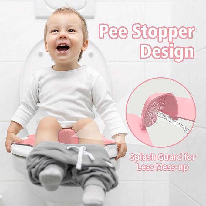 Foldable Travel Potty Seat for Toddler, Portable Toilet Training Seat for Kids on The Go, Fits Round & Oval Toilets with Non-Slip Base & Travel Bag for Car Airplane Essentials, Pink