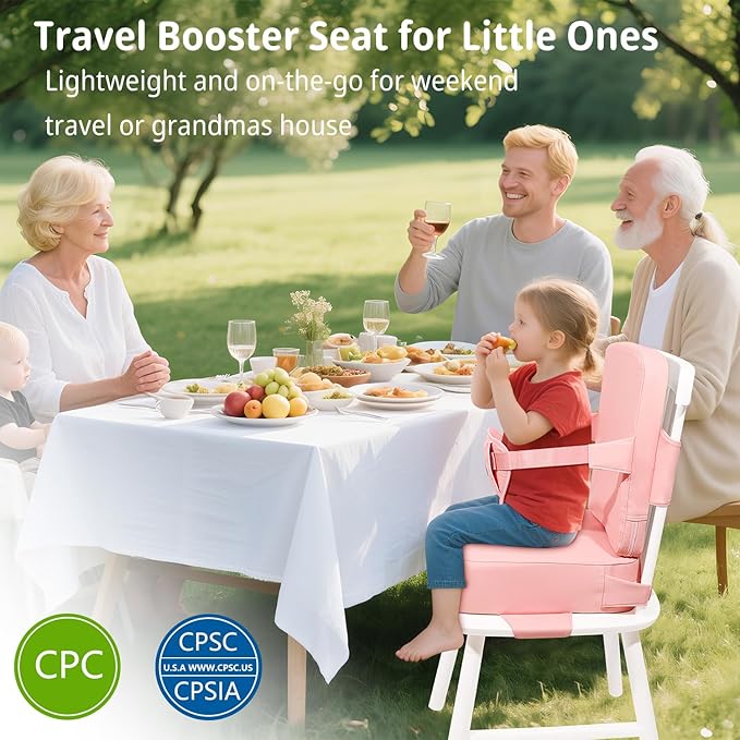 Toddler Booster Seat for Kitchen Chair with Removable Backrest & Adjustable Straps, PU Portable Waterproof & Non-Slip Booster Seat for Dining Table, Travel Child Eating Cushion - Pink